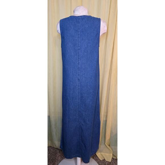 Erika and Co. Vintage Denim Dress Small Blue Embroidered Floral Sleeveless Boho - Picture 3 of 5